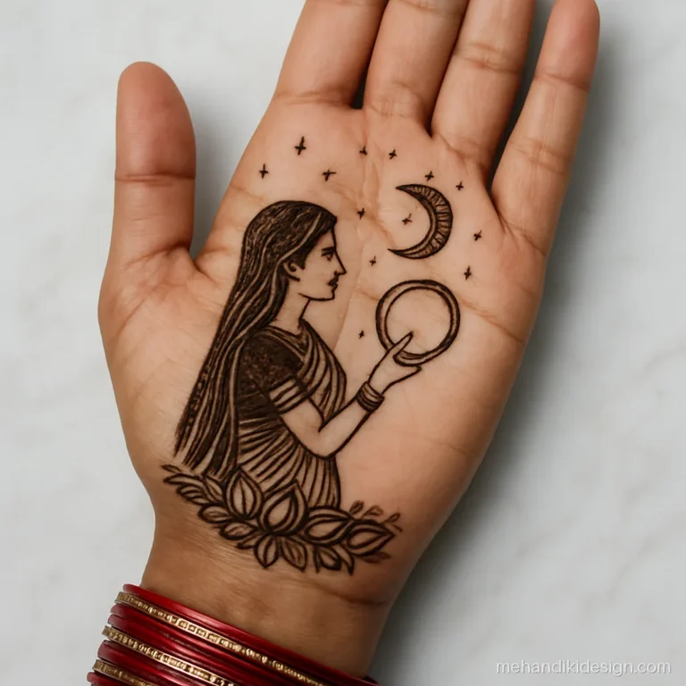 Karva chauth mehandi showing a wife viewing the moon through a sieve on the palm
