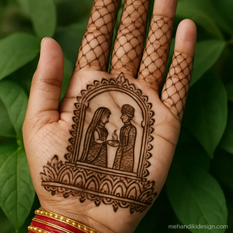 Karva chauth special mehandi with a framed couple and a lotus border on palm