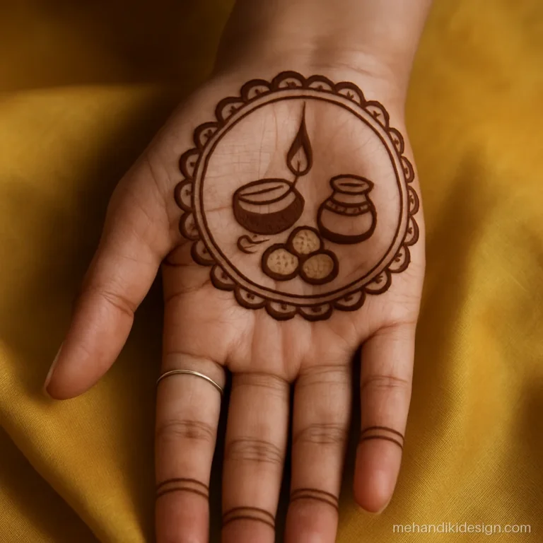 Karva chauth mehandi with a pooja thali, diya and sweets on the palm