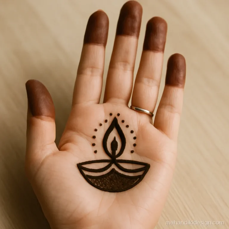 Simple karva chauth mehandi with a diya in the palm and filled finger tips