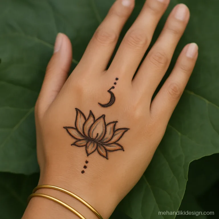Simple Karva chauth mehandi with a lotus under a crescent moon on the back hand