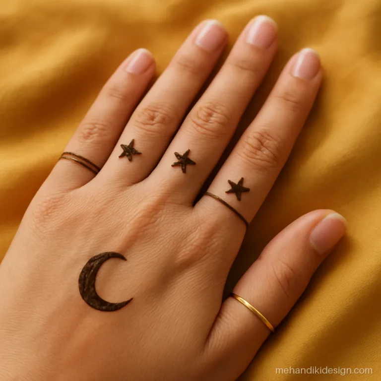 Karva chauth mehandi with stars on fingers and a moon on the thumb