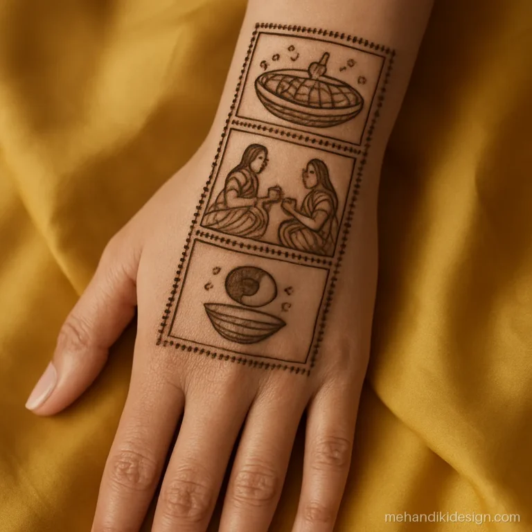Karva chauth mehandi with story panels of sargi, puja and moonrise on the arm