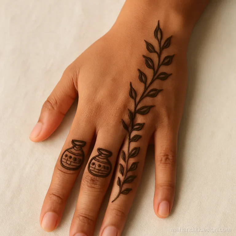 Karva chauth special mehandi design with two small karwas and a leafy trail