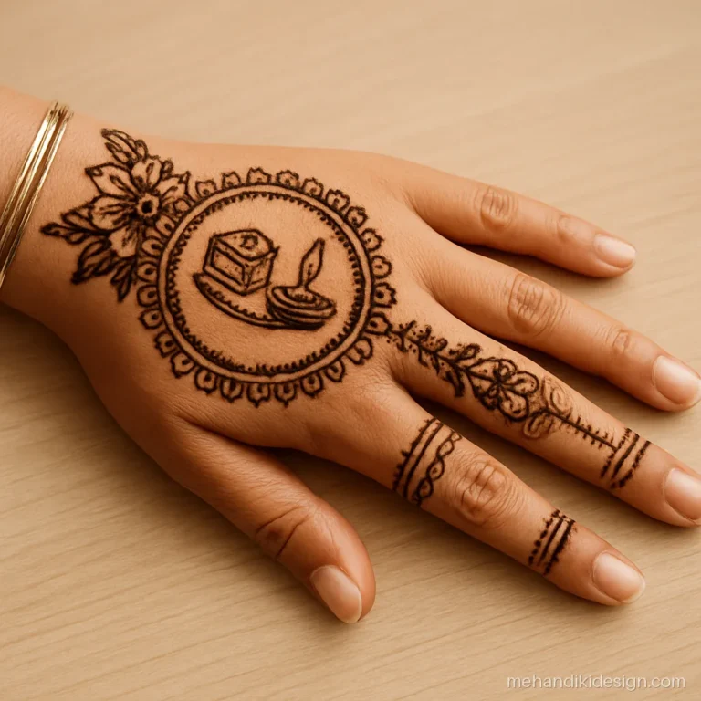 Karva chauth special mehandi with a sindoor box and thali on the back hand