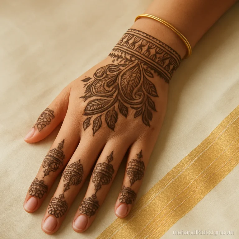 Traditional mehandi for onam with a kasavu style border and paisleys on the back hand