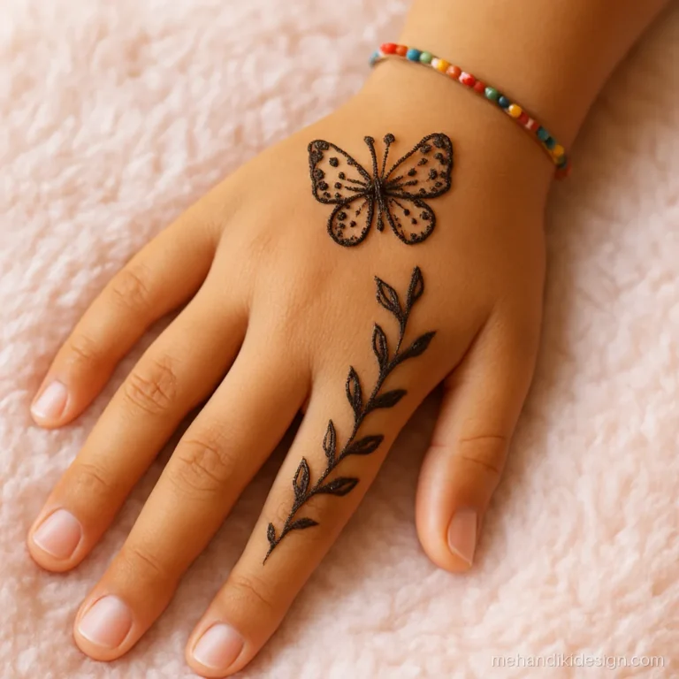 Kids arabic mehandi with a small butterfly and leaf trail on the back hand