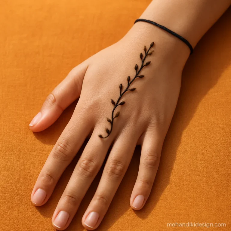 Kids Arabic mehandi with a curved vine and small half moon at the wrist