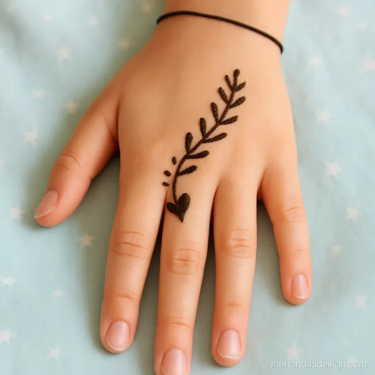 Kids Arabic mehandi design with a heart and leaf vine on a girl's hand