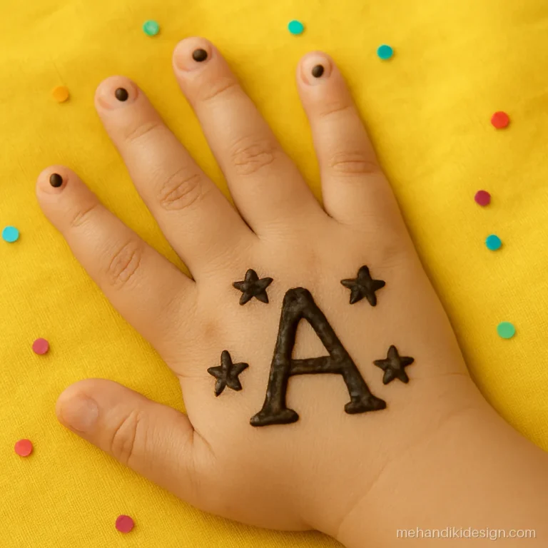 Kids name mehandi with a big capital letter A and small stars on a child's palm