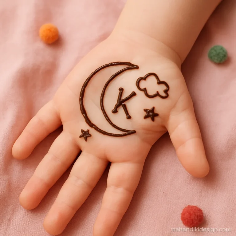 Simple name mehandi design with letter K on a crescent moon and cloud for kids