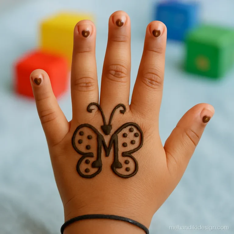 Bacchon ki name mehandi with letter M sitting between butterfly wings on the palm