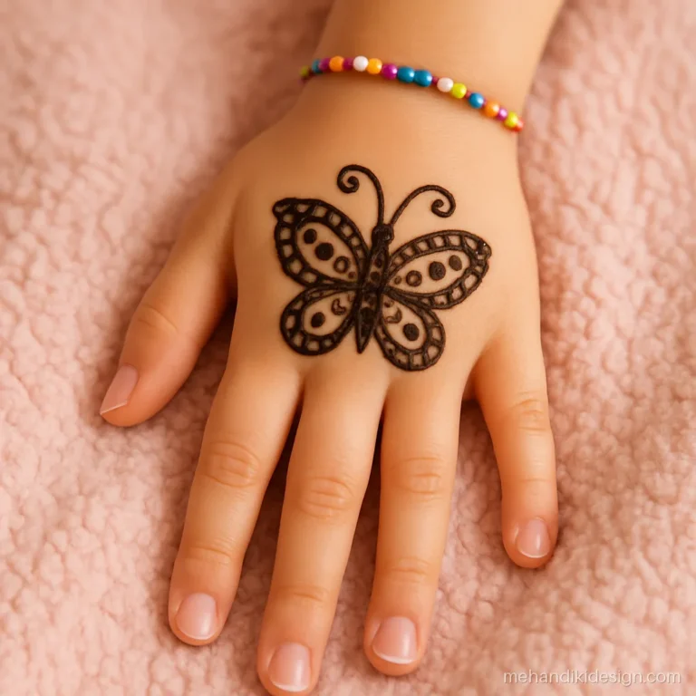 Kids mehandi with a big butterfly and dotted wings on the back hand