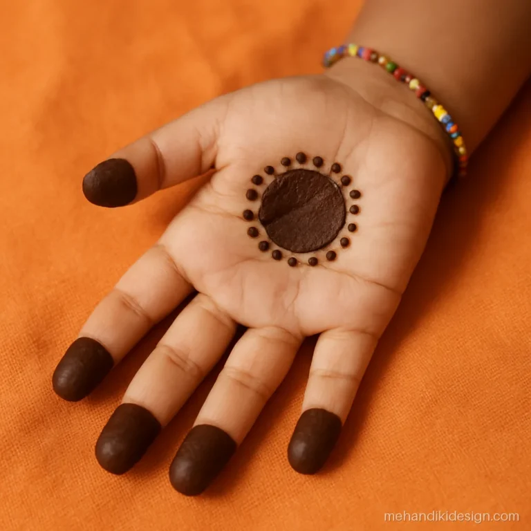 Kids mehandi with a big tikki and small tikkis on each finger