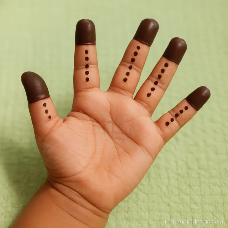 Mehandi design for kids with solid finger caps and dots along fingers