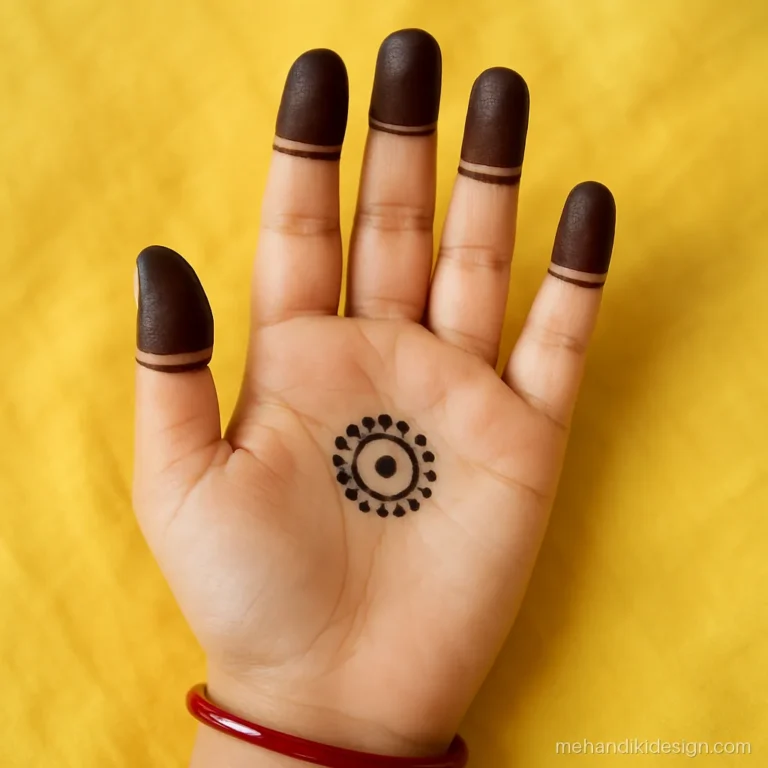Simple mehandi designs for kids with half moon finger caps and tikki