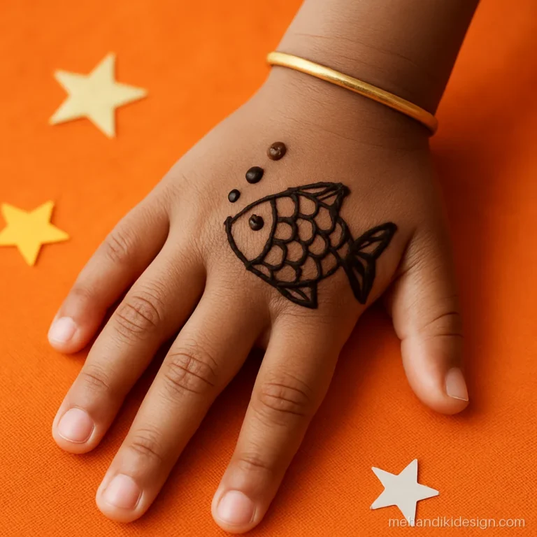 Mehandi pic of a small fish with bubbles on a child's back hand