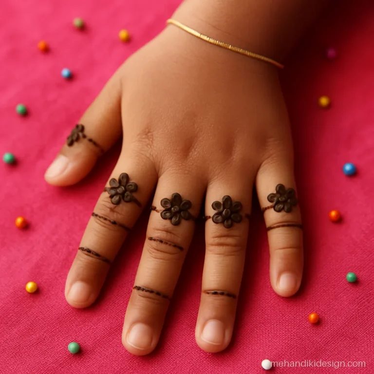 Mehandi images of tiny flower rings on a little girl's fingers