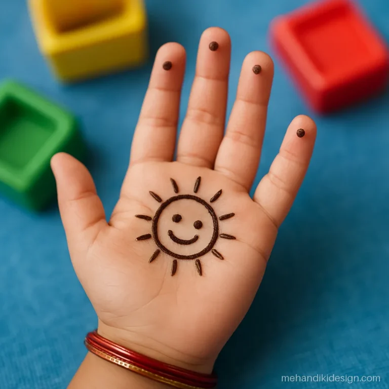 Kids mehandi photo with a smiling sun and dots on a small palm