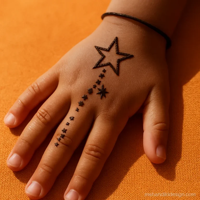 Simple mehandi design for kids with a shooting star and sparkle trail