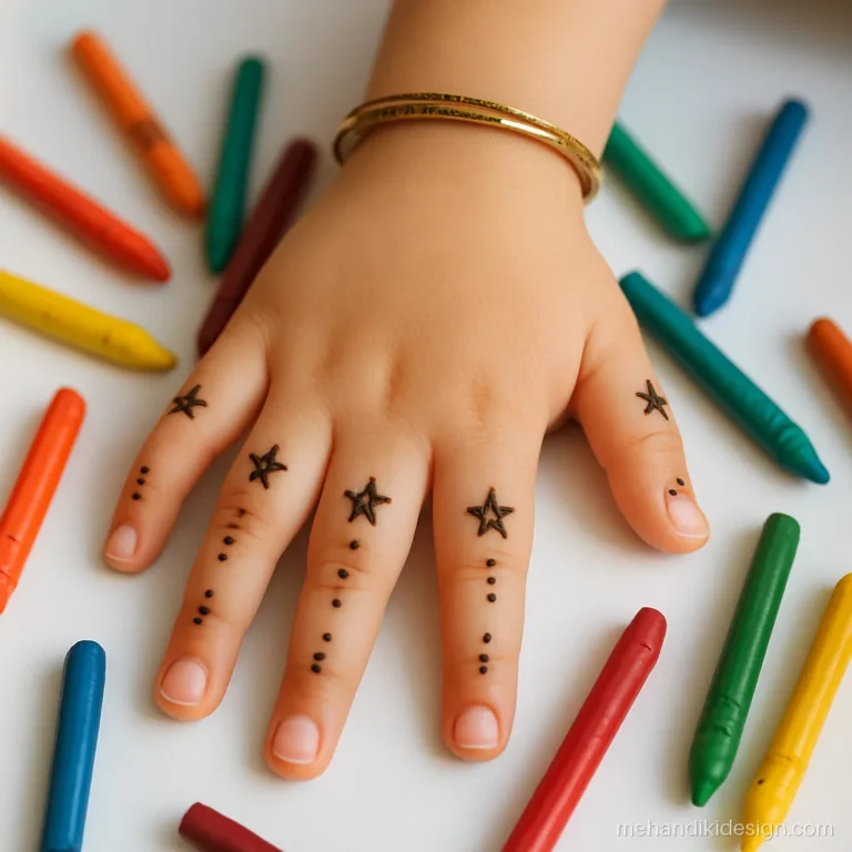 Kids mehandi design with a tiny star on each finger tip