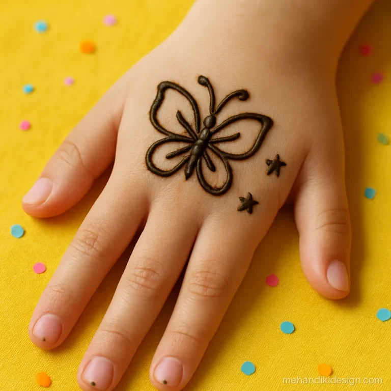 Small child's hand with a butterfly and star mehandi sticker design