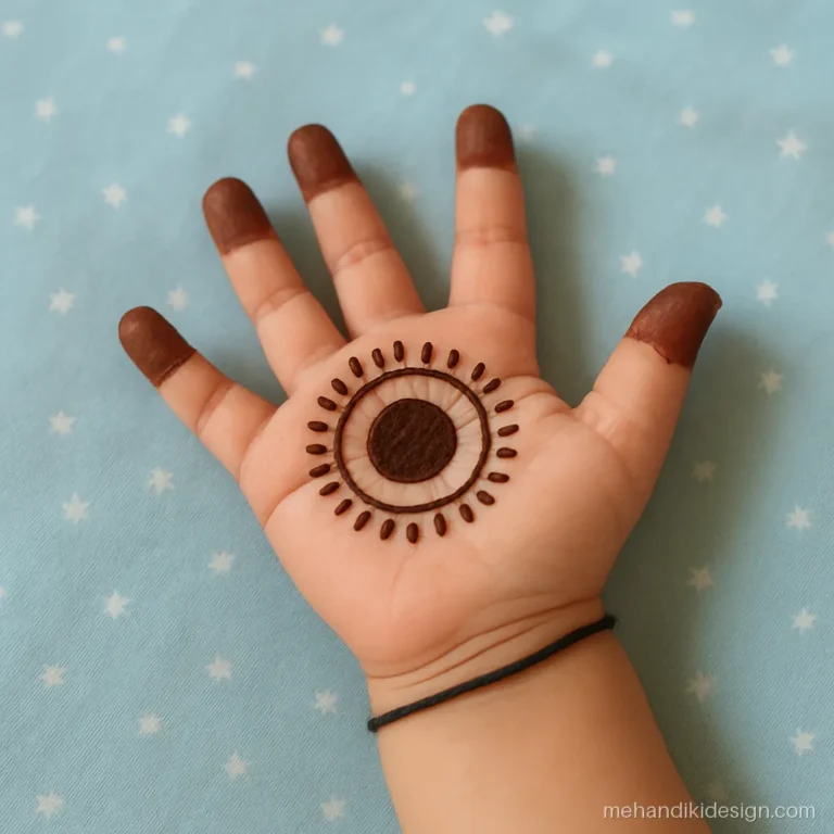 Mehandi for kids with a palm tikki drawn like a sun with rays