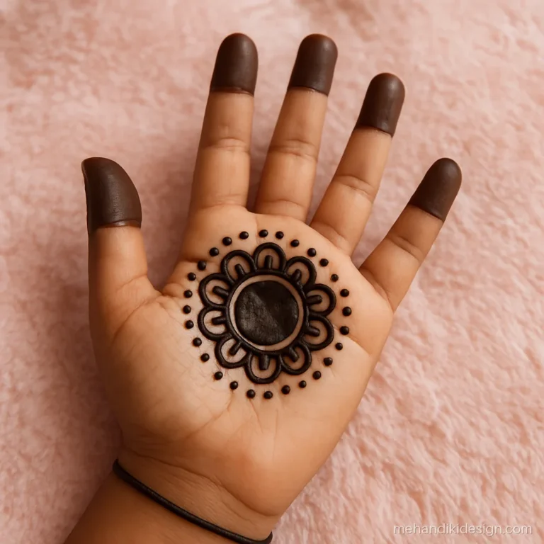 Simple mehandi for kids with a palm tikki and a ring of petals around it