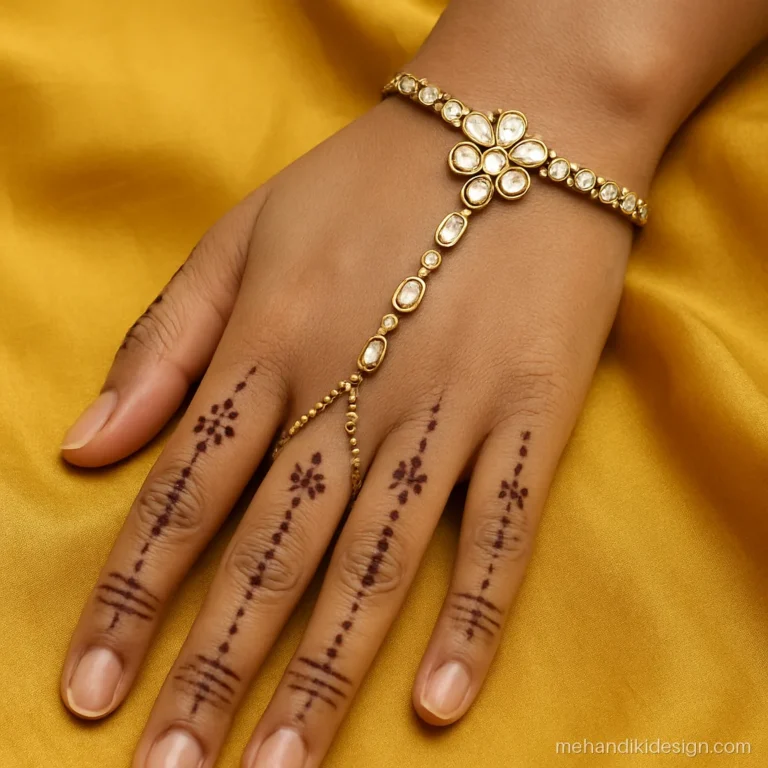 Kundan mehandi jewellery haathphool on a hand with fresh simple henna on the fingers