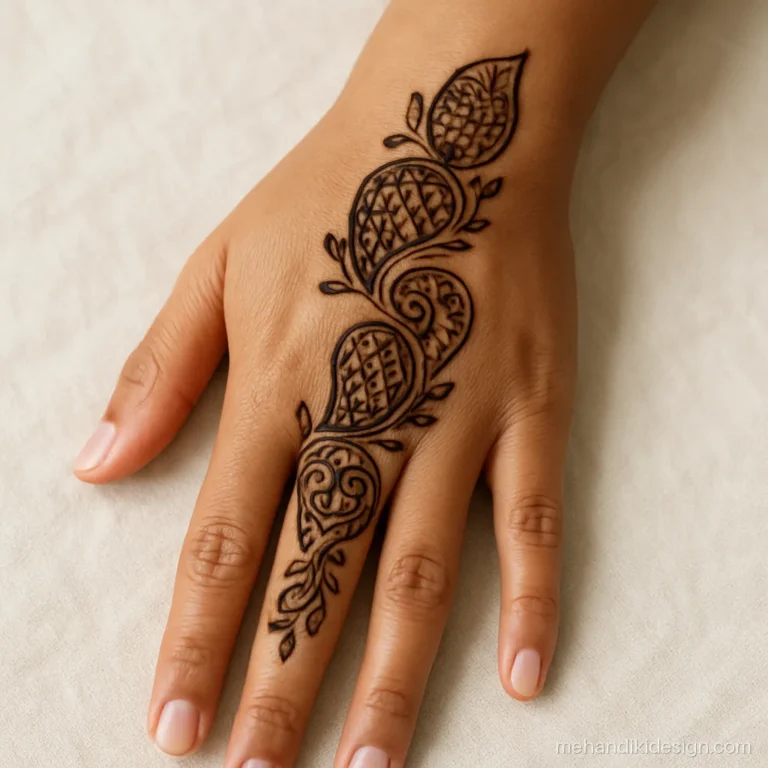 Latest back hand mehandi with paisley cascade from index finger to wrist