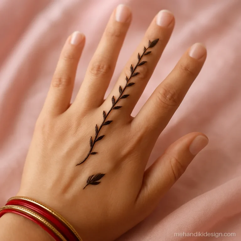 Latest mehandi design with a minimal leaf vine wrapping the middle finger