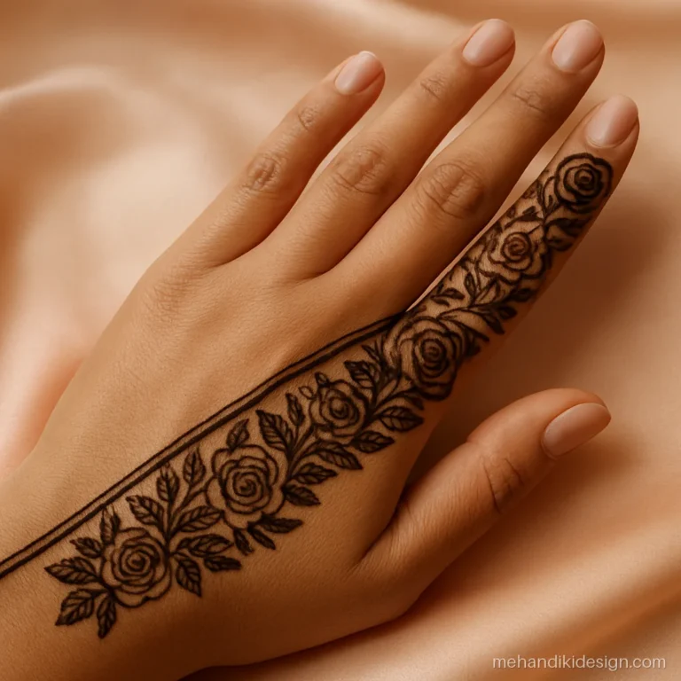 Latest mehandi design on palm split diagonally between florals and empty skin