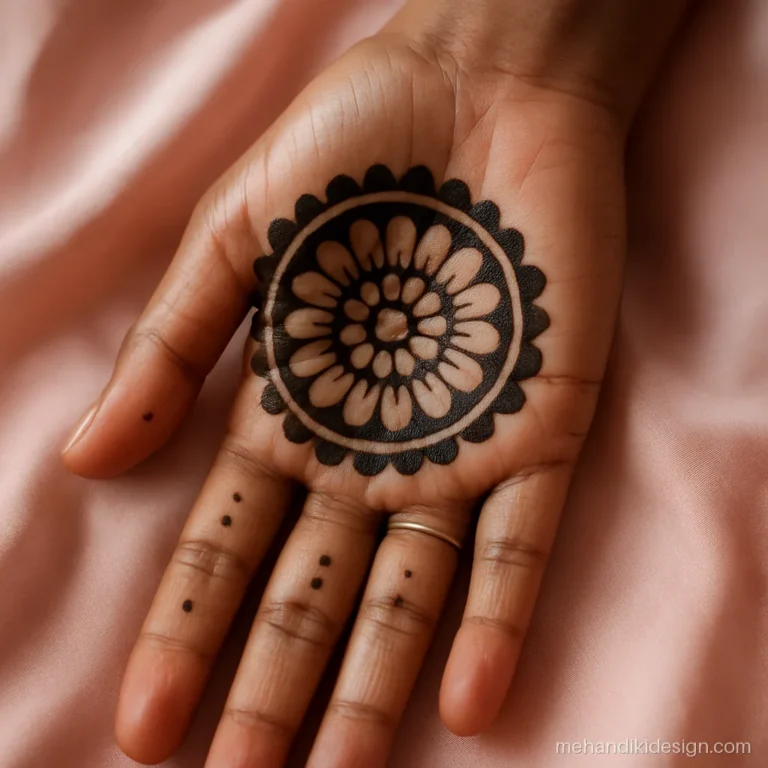 Latest mehandi designs using negative space mandala on palm with bold outline