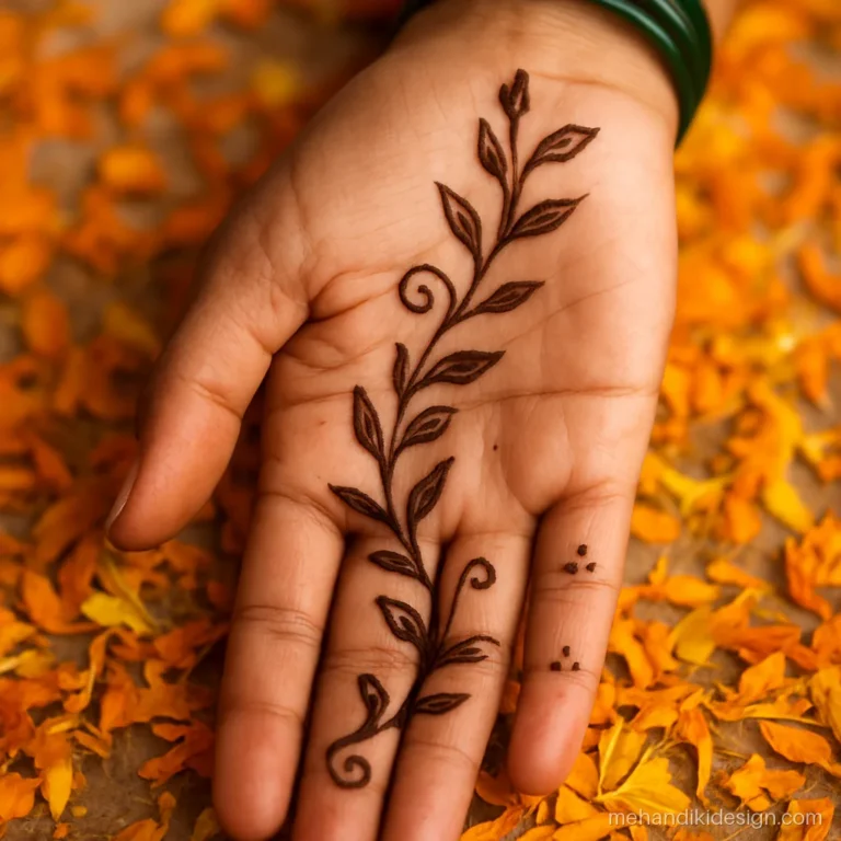 Leaf bel teej mehandi design climbing diagonally across the palm
