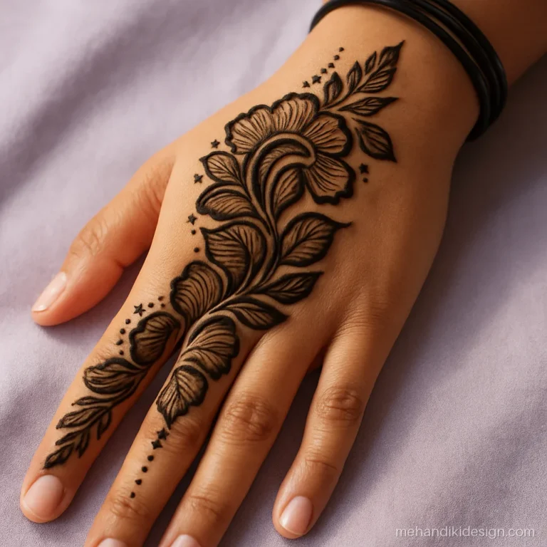 Left hand mehandi design back side with bold shaded Arabic petals