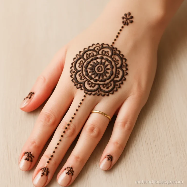 Mehandi design left hand back side with a round mandala and finger chains