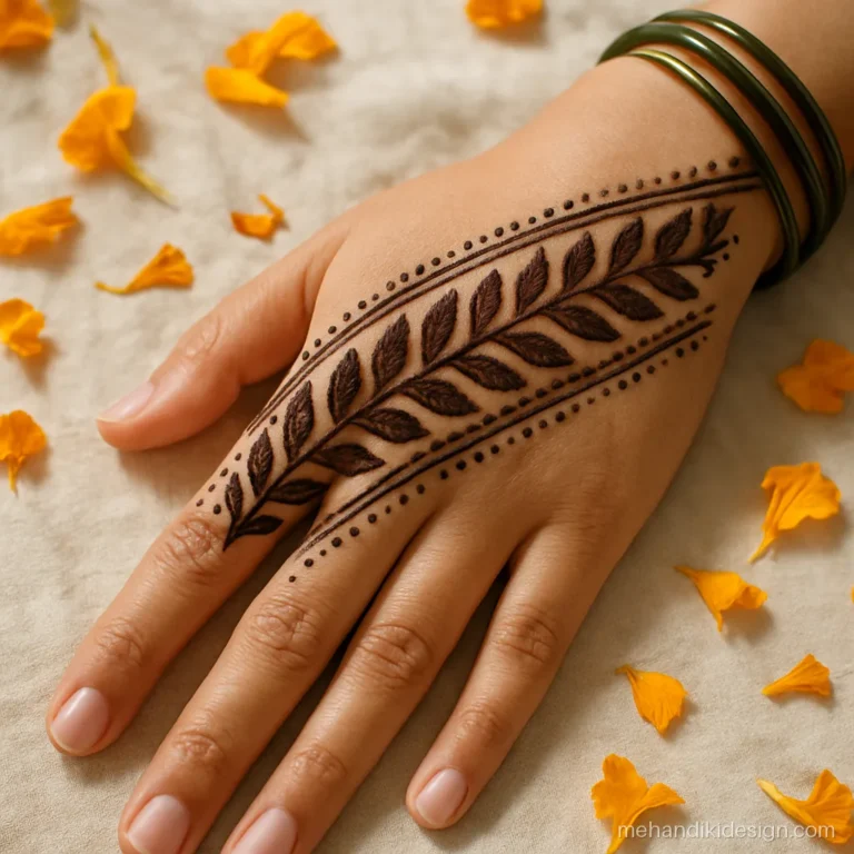 Left hand mehandi design with a diagonal strip of leaves across the palm