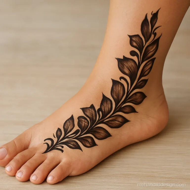 Leg mehandi design with an Arabic shaded trail up to the calf