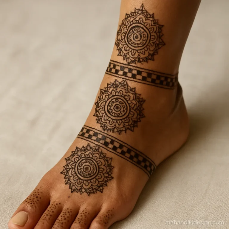 Leg mehandi design going up to half calf with stacked mandalas