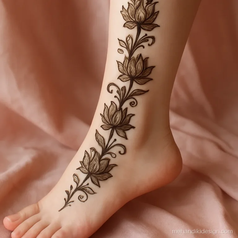 Leg mehandi with a lotus vine climbing from the ankle to the knee