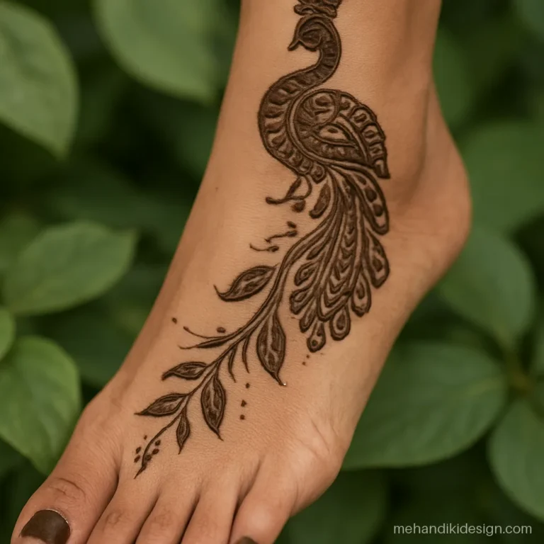 Leg mehandi with a peacock on the shin and a bel going down to the toes