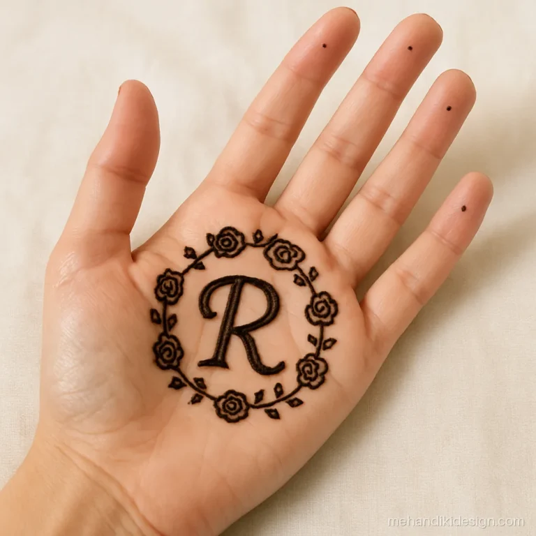 Name mehandi design with a single capital letter R inside a small rose frame on the palm