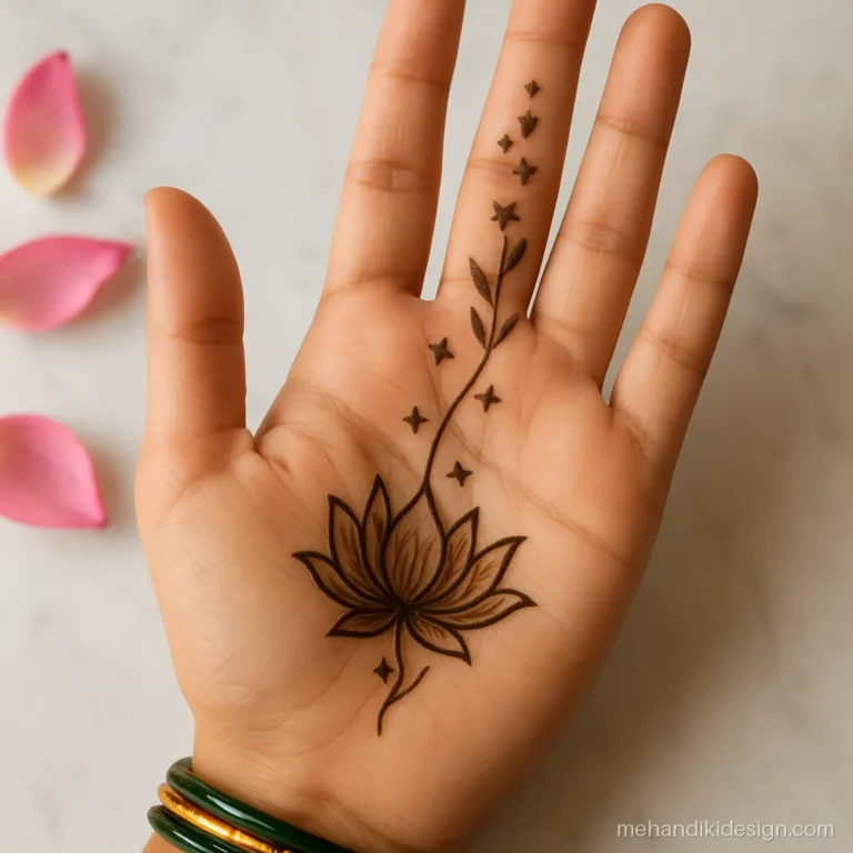 Godh bharai mehandi with a blooming lotus, stars and leaf bel on the palm