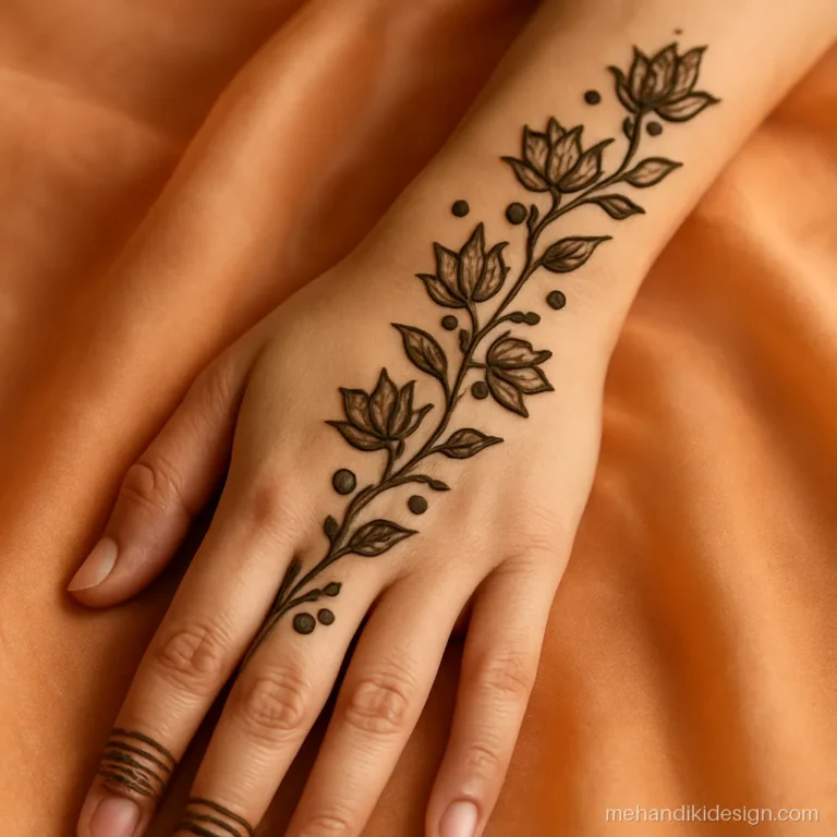 Navratri mehandi design with a lotus bel climbing from the wrist up the forearm