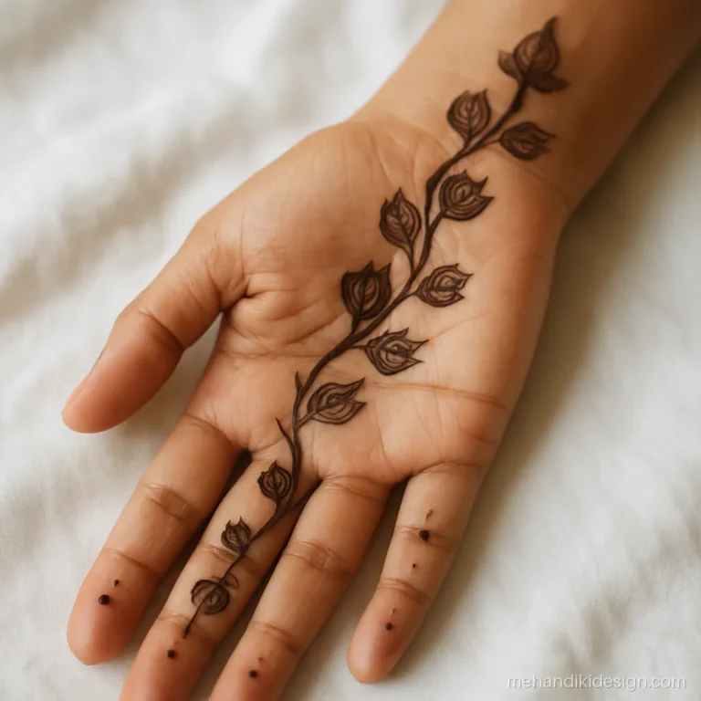 Lotus design mehndi bel of buds and round leaves from wrist to ring finger