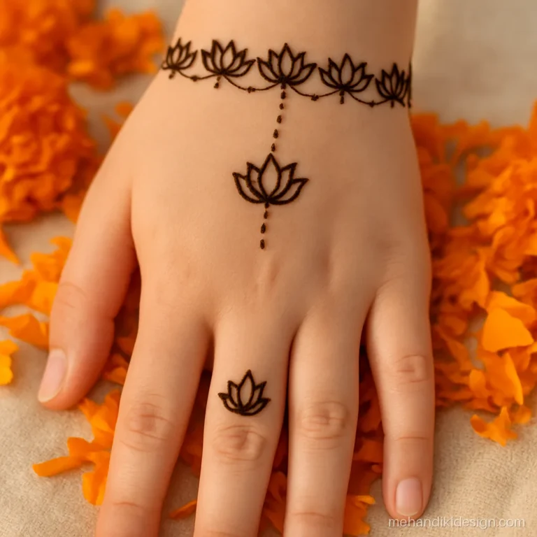 Mehndi lotus design worn like a wrist bracelet with a hanging lotus pendant