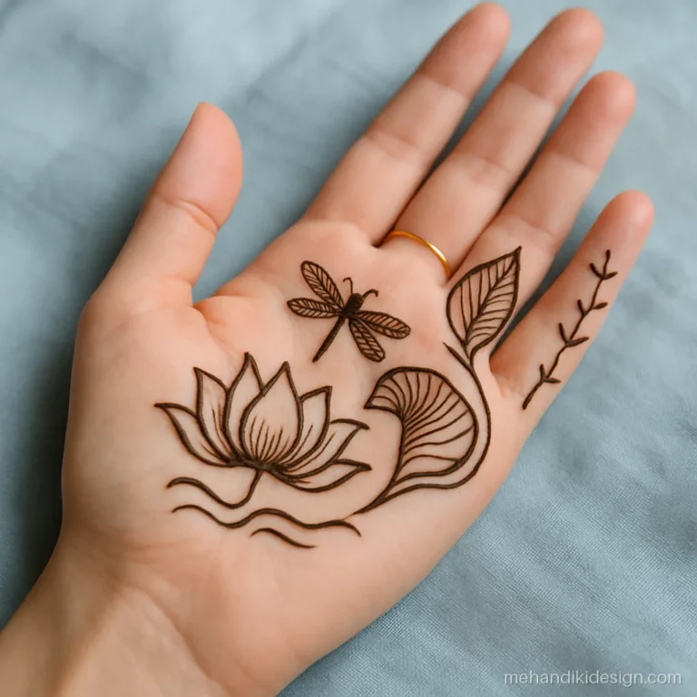 Lotus flower mehendi on the side of the palm with a dragonfly and curled leaf