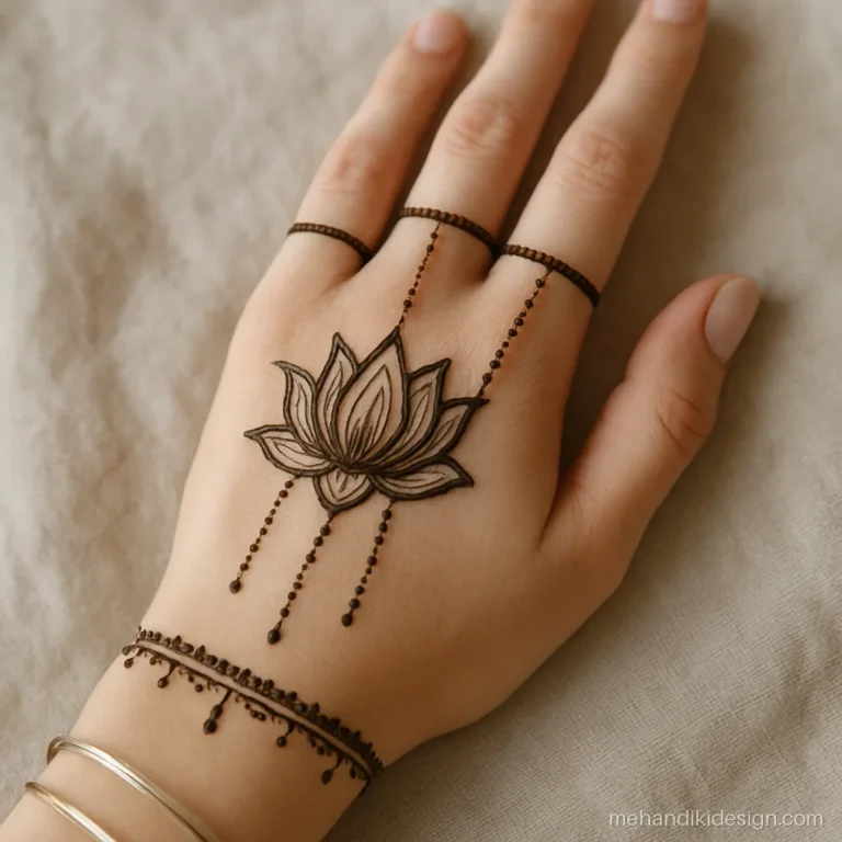 Jewellery mehandi with a lotus centre and drawn rings on all five fingers
