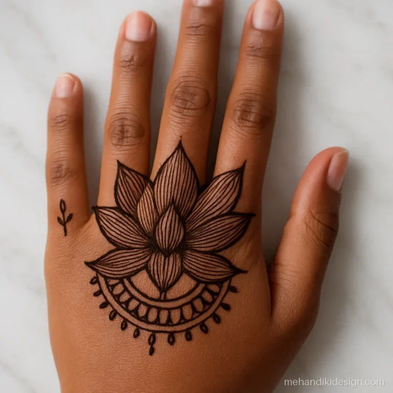 Lotus mehandi on back hand with layered petals and fine filling