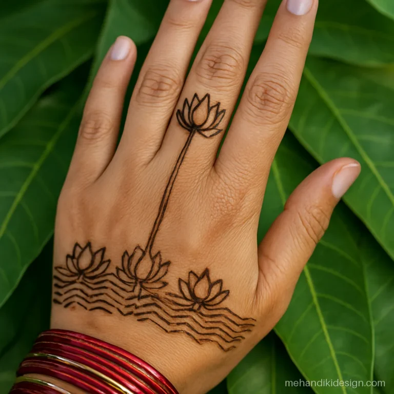 Lotus mehandi design with lotus pond band around the wrist